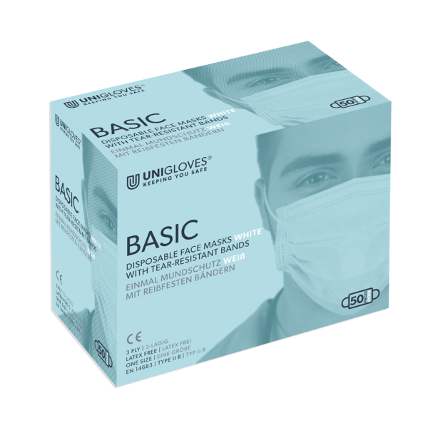 Medizinischer Mundschutz Basic | 3-lagig | Bänder | Weiss | 50 Stück